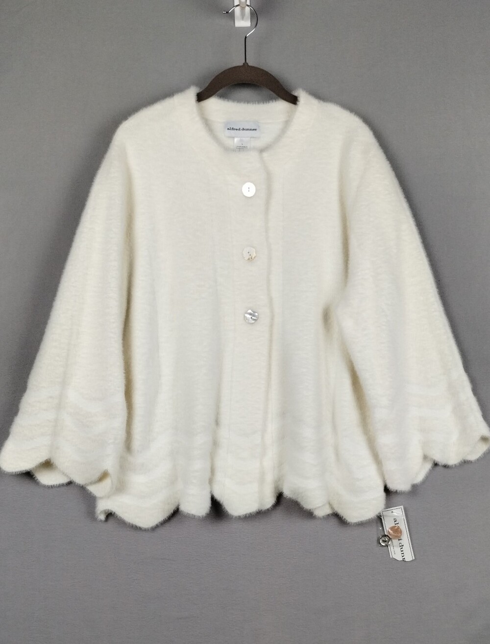 Button Front Cardigan Ivory Scalloped Trim Long Sleeve Fuzzy Size L